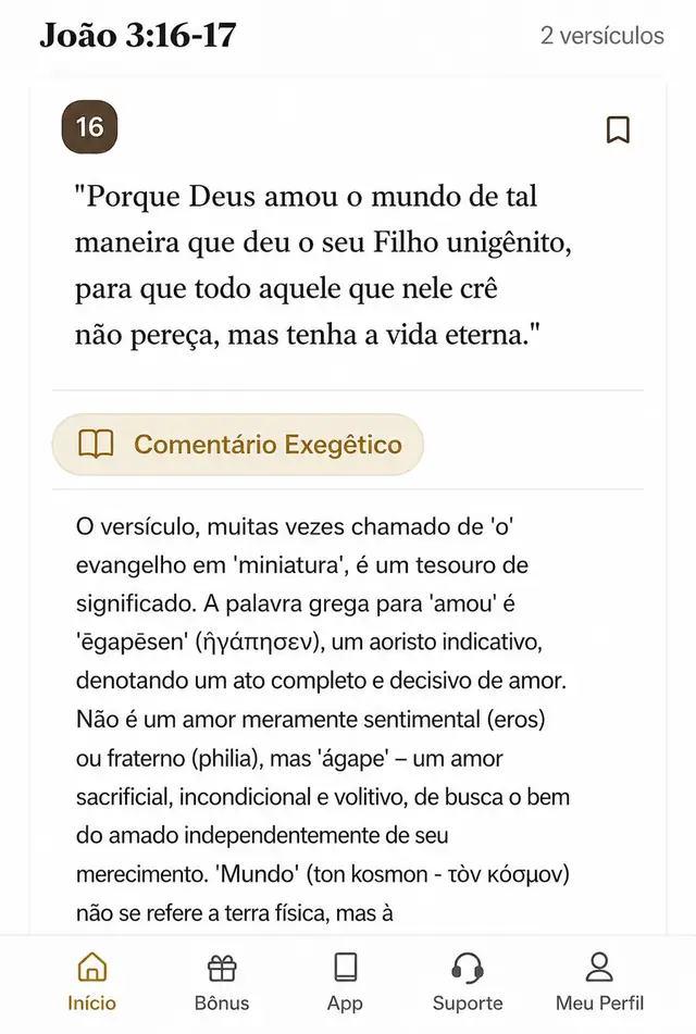 Tela do aplicativo com João 3:16-17 e comentário exegético