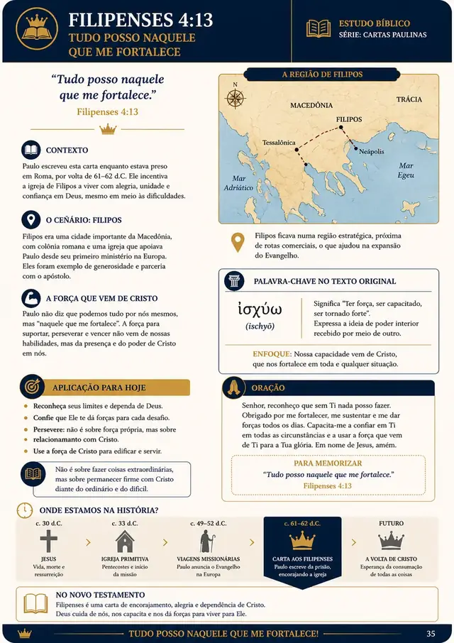 Página do aplicativo sobre Filipenses 4:13 com mapa da Macedônia